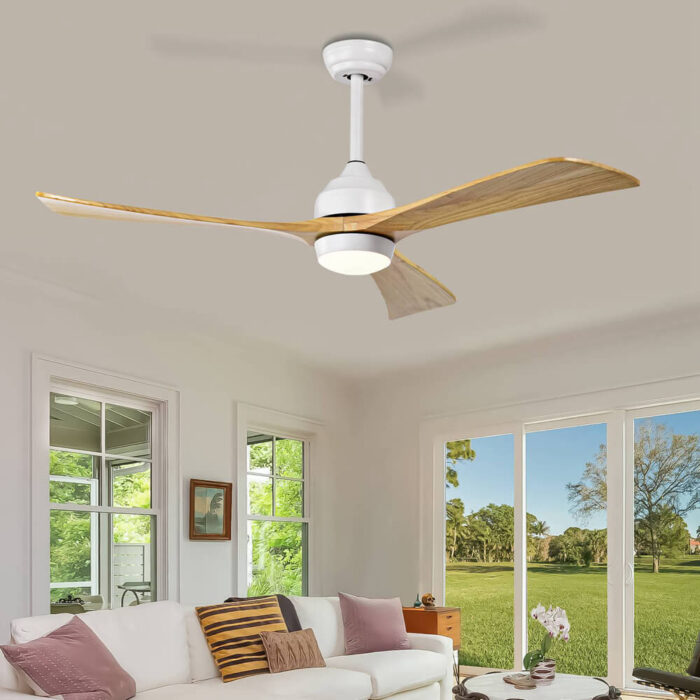 White Ceiling Fan with Light and Wood Blades