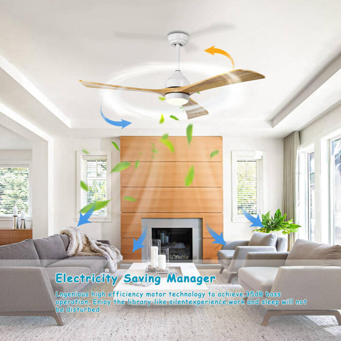 White Ceiling Fan with Light and Wood Blades