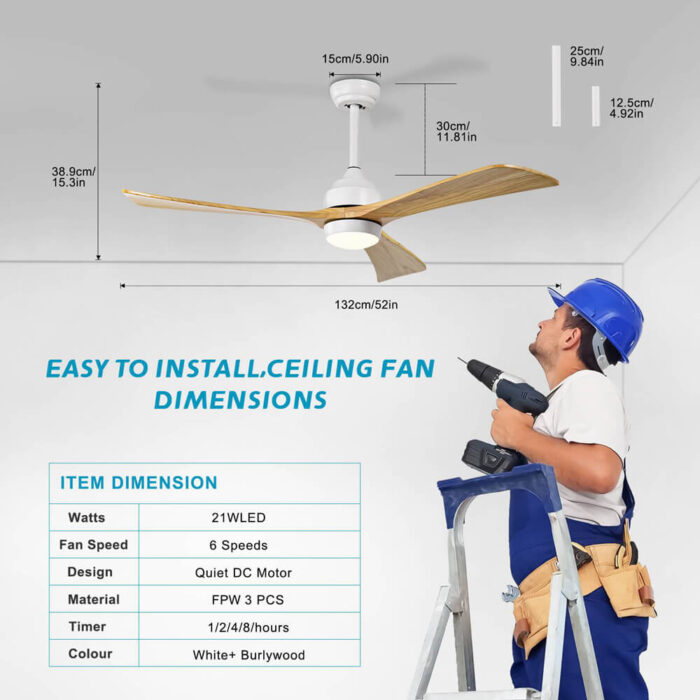 White Ceiling Fan with Light and Wood Blades