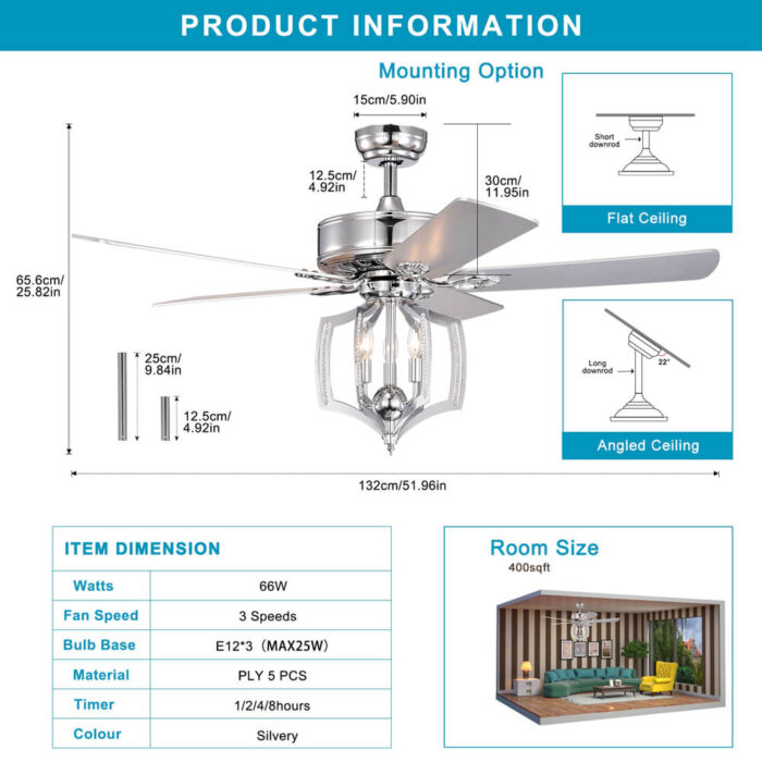 5 Blade Chrome Ceiling Fan With Light