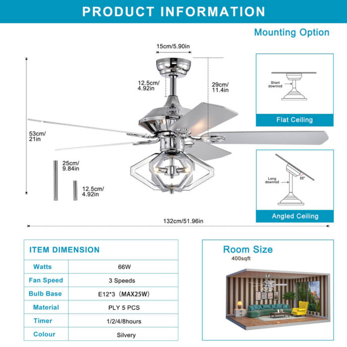 Chrome 5 Blade Ceiling Fans With Lights